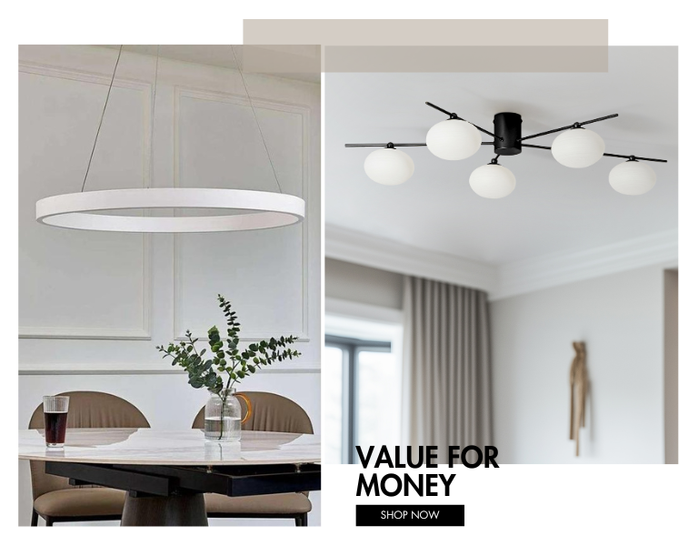 Modern pendant and ceiling lights showcased in elegant interior spaces with the text "Value for Money" and a "Shop Now" call-to-action.