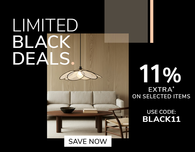 Modern living-room scene with a beige sofa, wooden coffee table, and a large decorative pendant light, promoting “Limited Black Deals” with an 11% extra discount code.