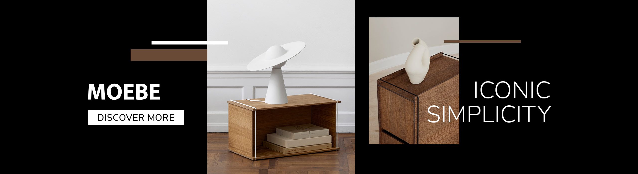 Minimalist wooden storage unit with white sculptural decor pieces, promoting Moebe’s simple and iconic Scandinavian design.